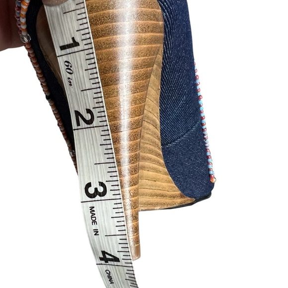 Jessica Bennett Jkirabu Beaded Denim Peep Toe Wedge Heels Beaded Wooden Platform - Picture 11 of 13